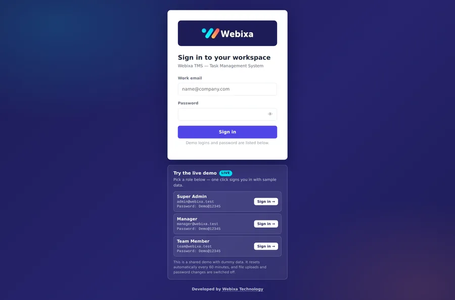 Webixa TMS sign-in page with one-click demo logins